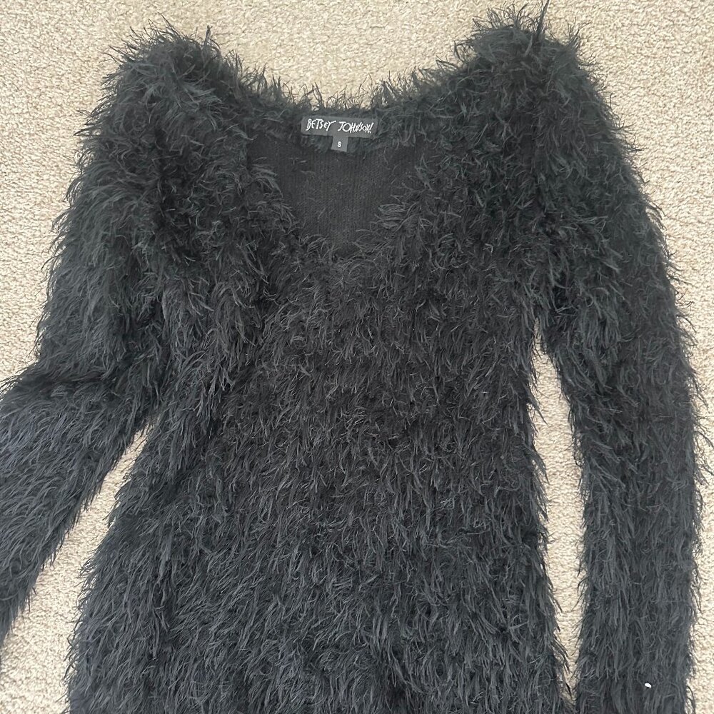 Betsey Johnson Black Fuzzy Shaggy V-Neck Sweater Size S